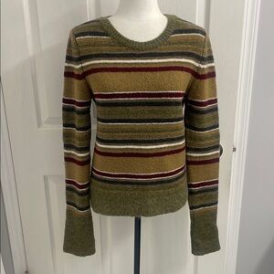 Zara Striped Olive Green Mohair Wool Blend Sweater Crew Neck Long Sleeve Sz L